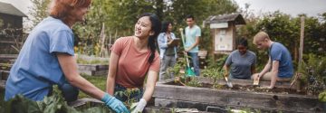 Vrouwen en mannen werken in een gemeenschappelijke tuin