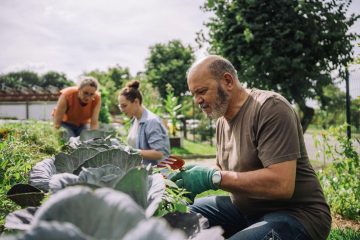 Man werkt in een moestuin met anderen