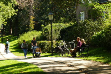 Koppel loopt met buggy door groene omgeving