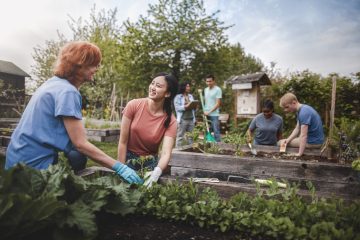 Vrouwen en mannen werken in een gemeenschappelijke tuin